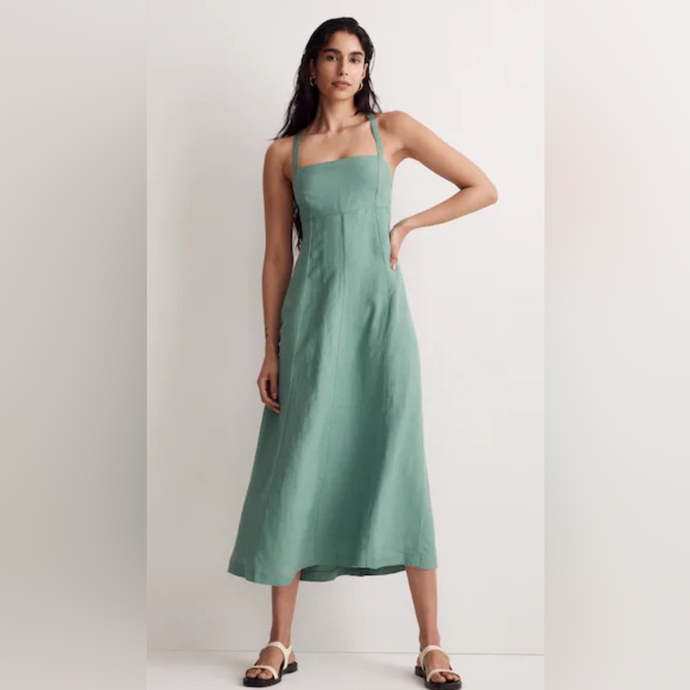 Women's Sage Green Square-Neck Linen Dress
